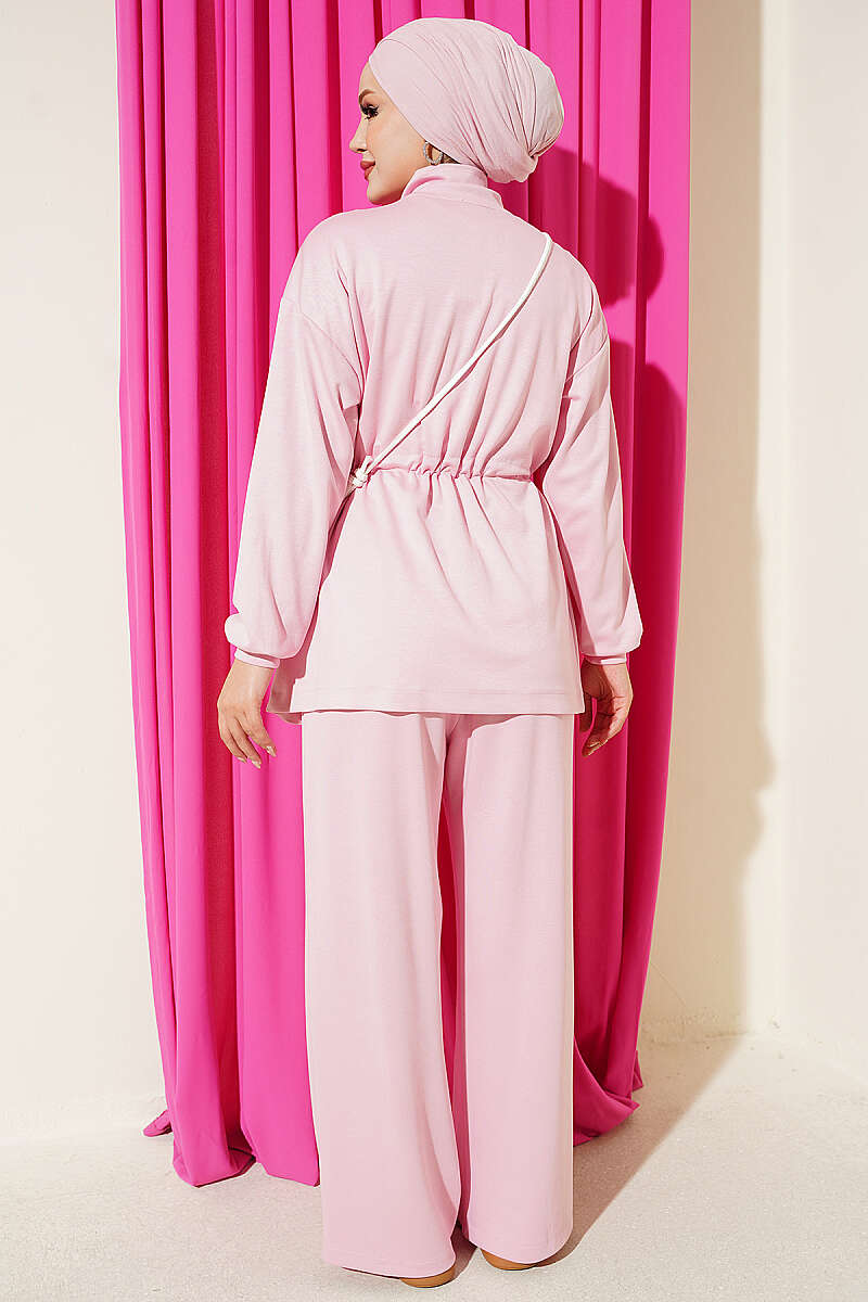 Ribbed Two-Piece Set with Drawstring Waist - Pink