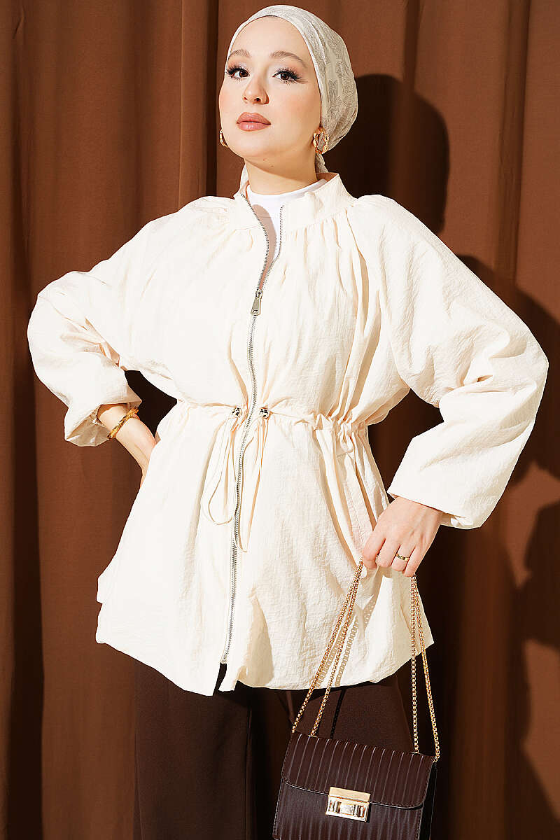 Parachute Jacket with Drawstring Waist - Beige
