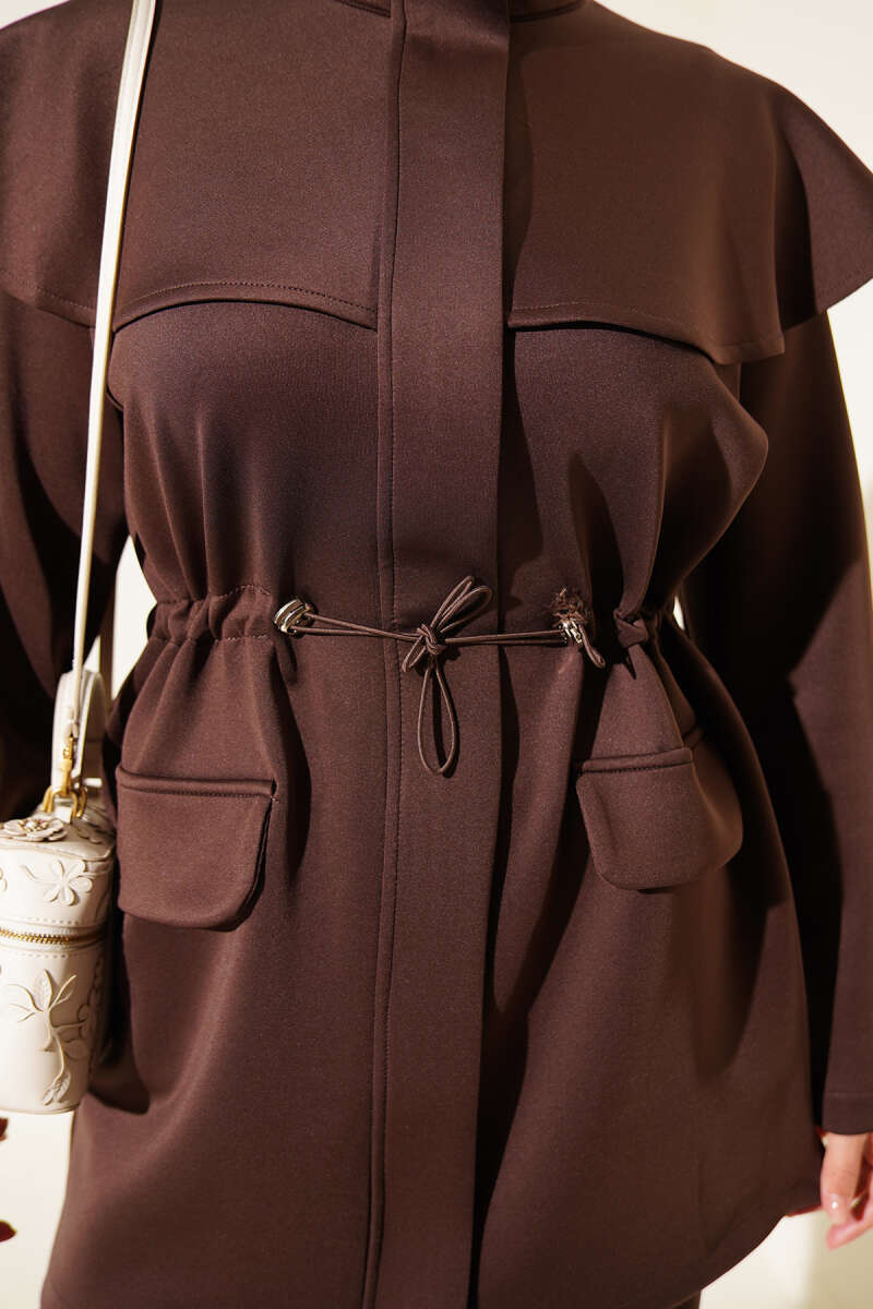 Two-Piece Set with Cape and Drawstring Waist - Brown