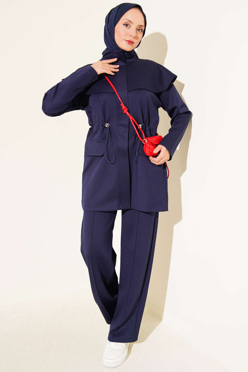 Two-Piece Set with Cape and Drawstring Waist - Navy