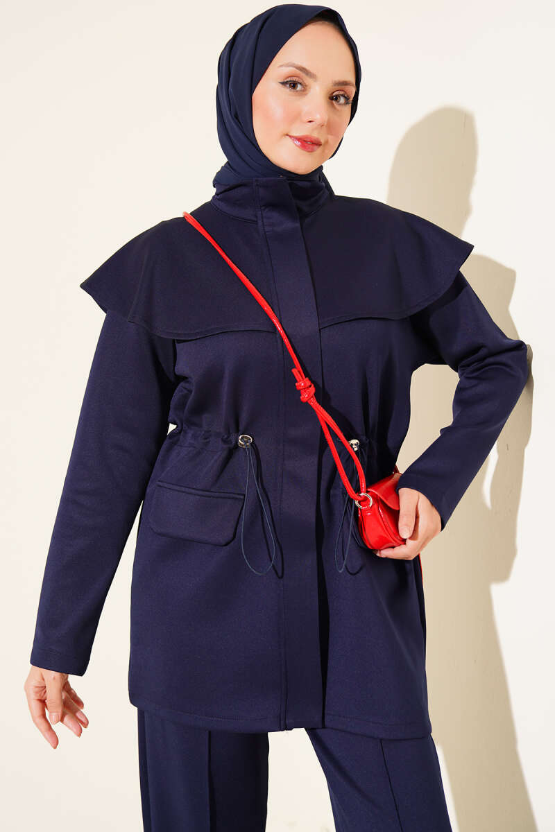 Two-Piece Set with Cape and Drawstring Waist - Navy