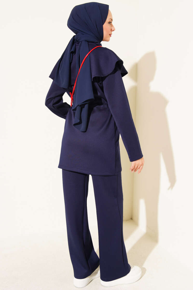 Two-Piece Set with Cape and Drawstring Waist - Navy