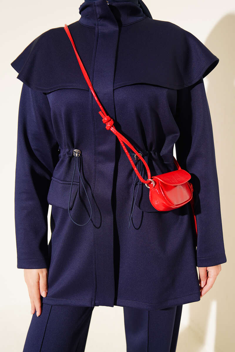 Two-Piece Set with Cape and Drawstring Waist - Navy