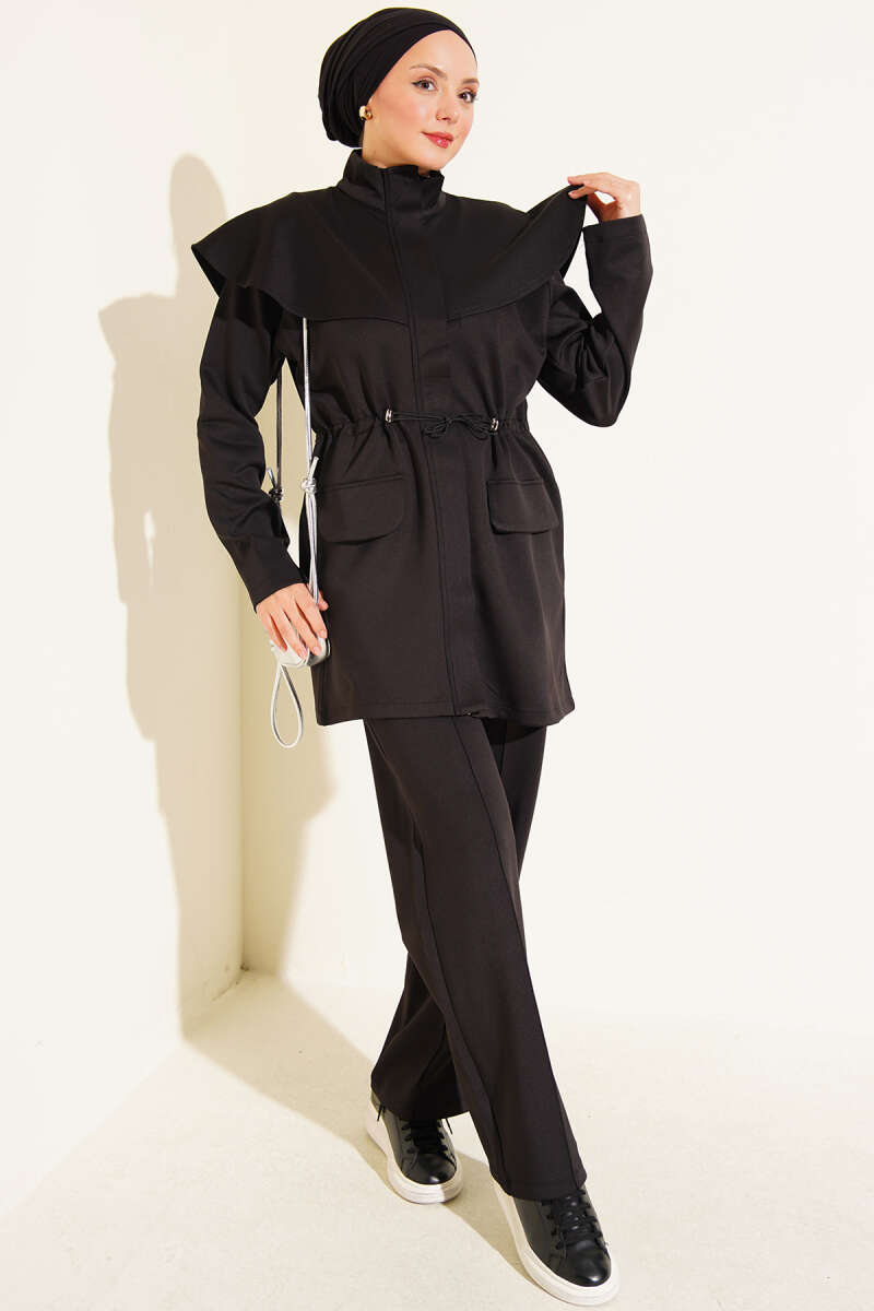 Two-Piece Set with Cape and Drawstring Waist - Black