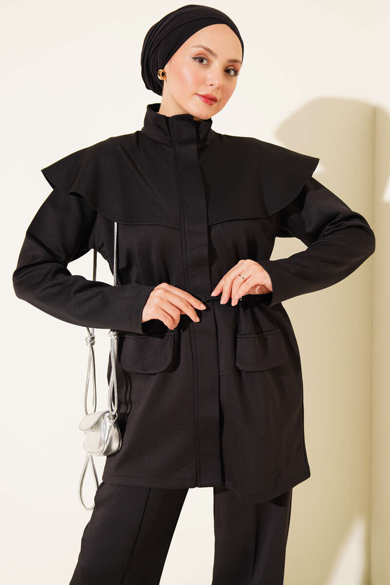 Two-Piece Set with Cape and Drawstring Waist - Black