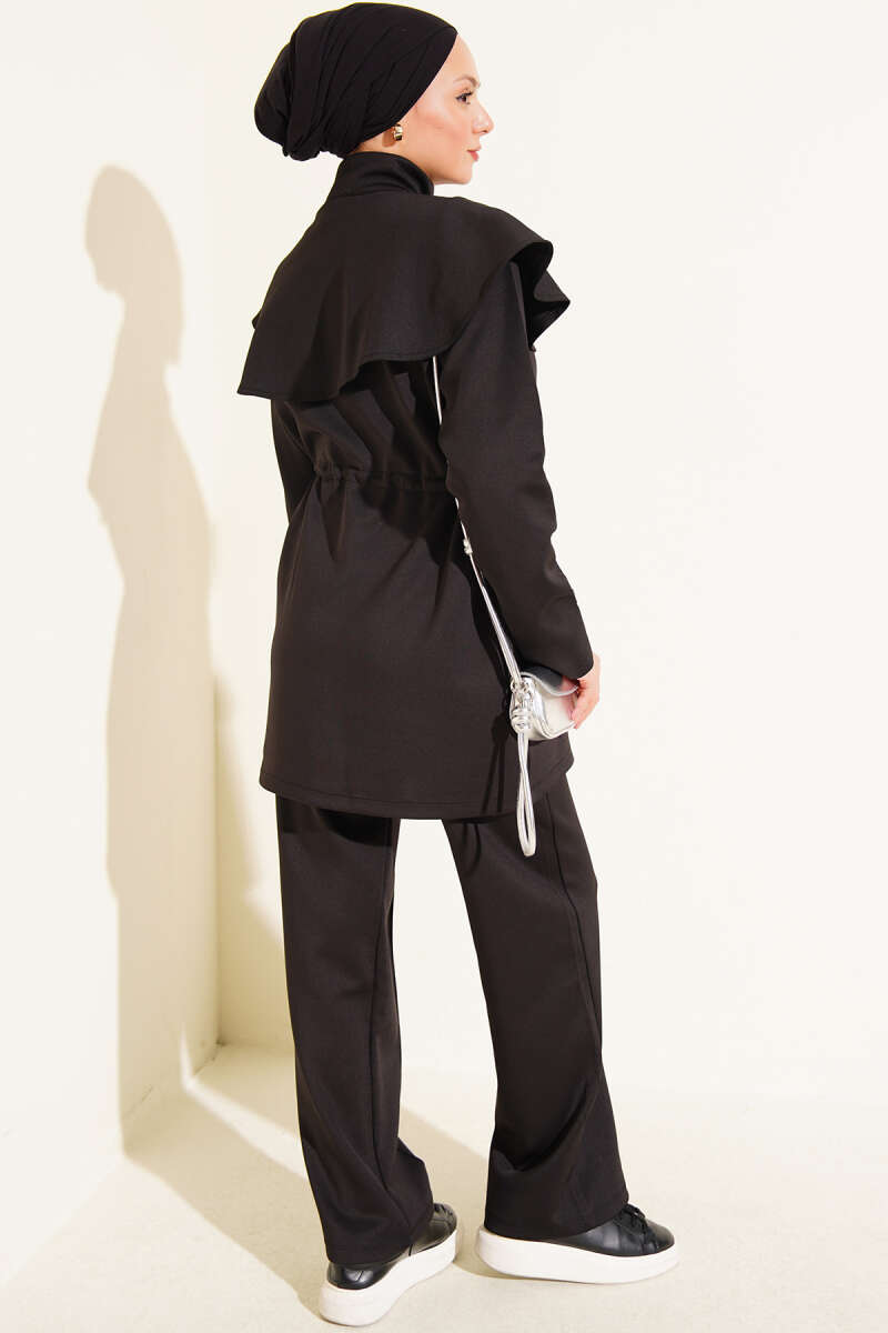 Two-Piece Set with Cape and Drawstring Waist - Black