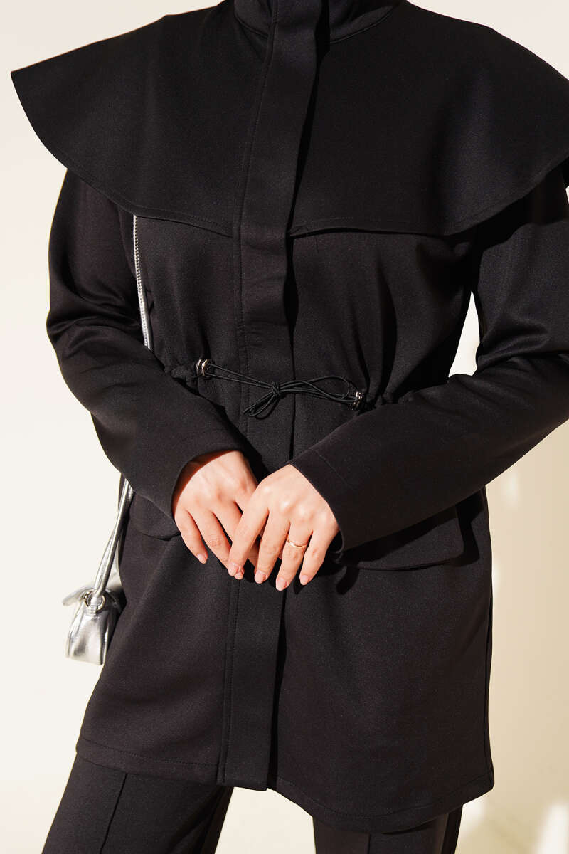 Two-Piece Set with Cape and Drawstring Waist - Black