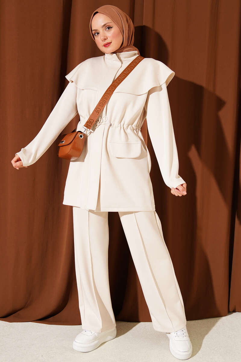 Two-Piece Set with Cape and Drawstring Waist - Stone
