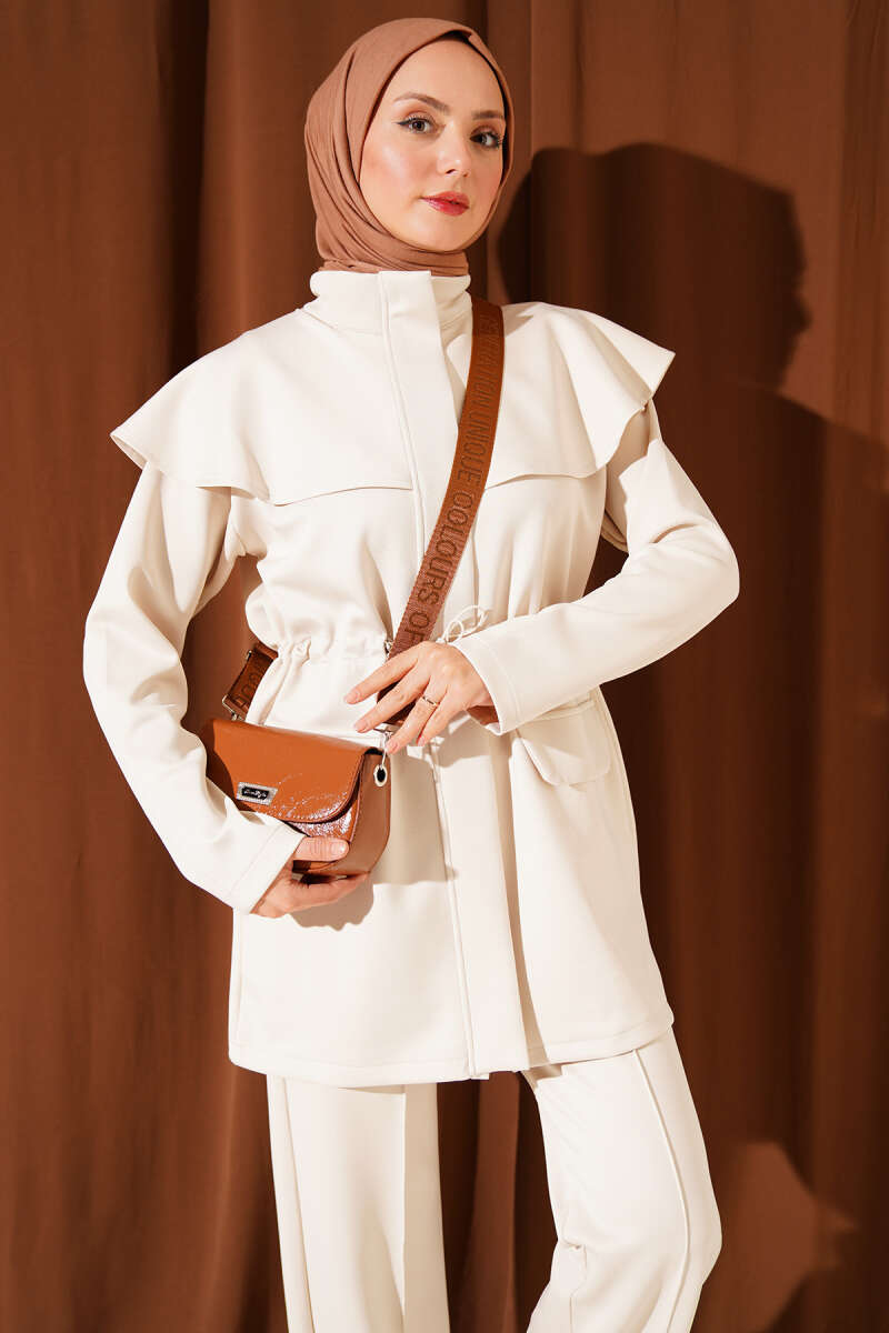 Two-Piece Set with Cape and Drawstring Waist - Stone