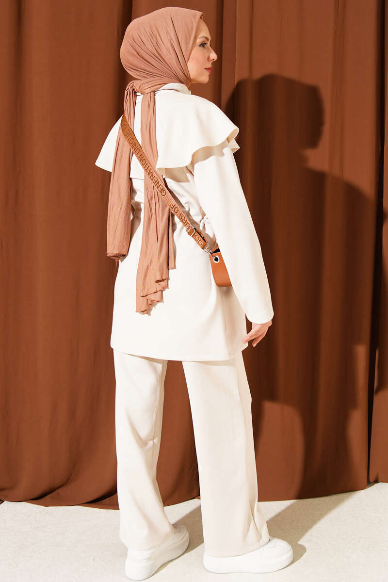 Two-Piece Set with Cape and Drawstring Waist - Stone