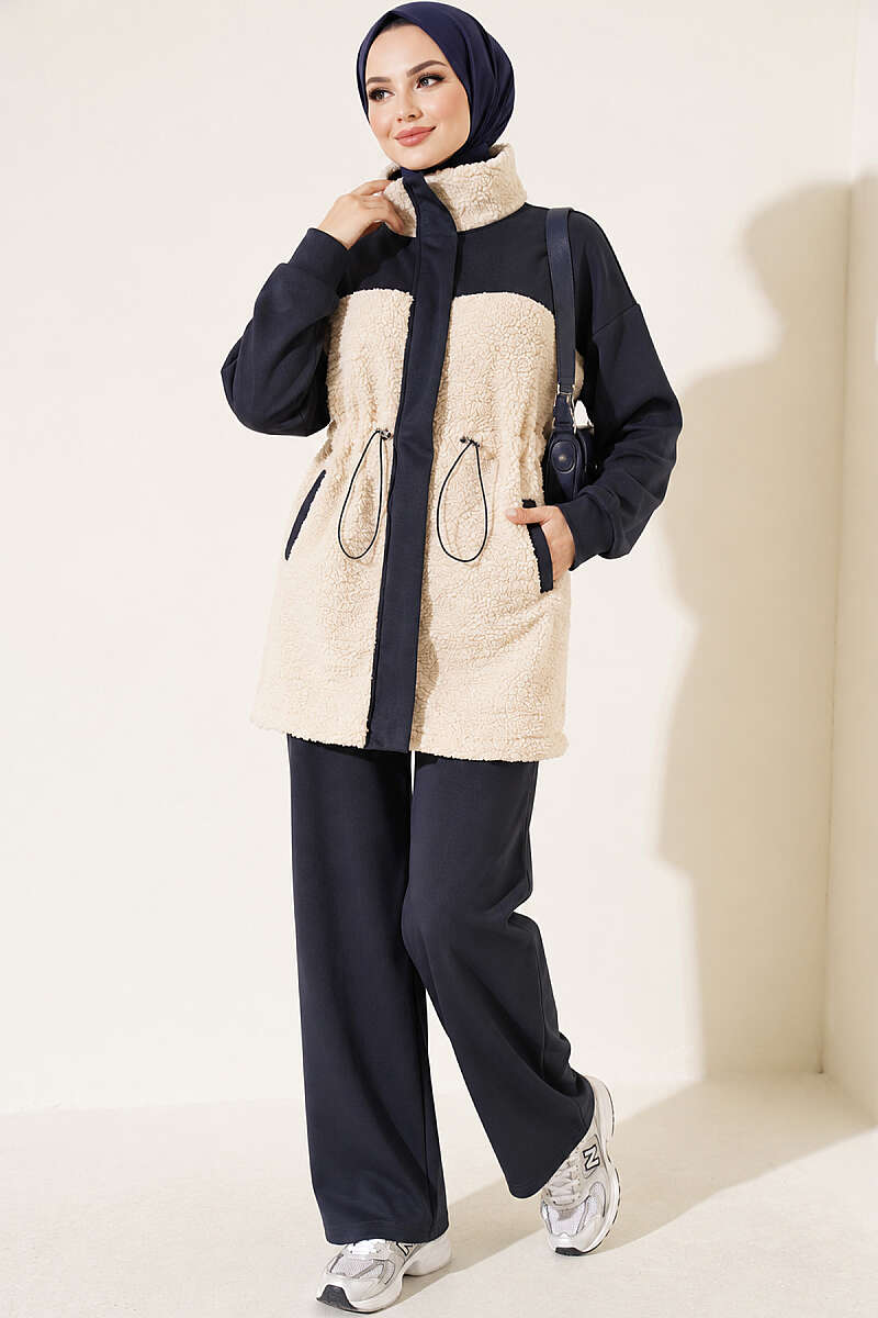 Two-Piece Set with Plush Trim and Drawstring Waist - Smoke Grey