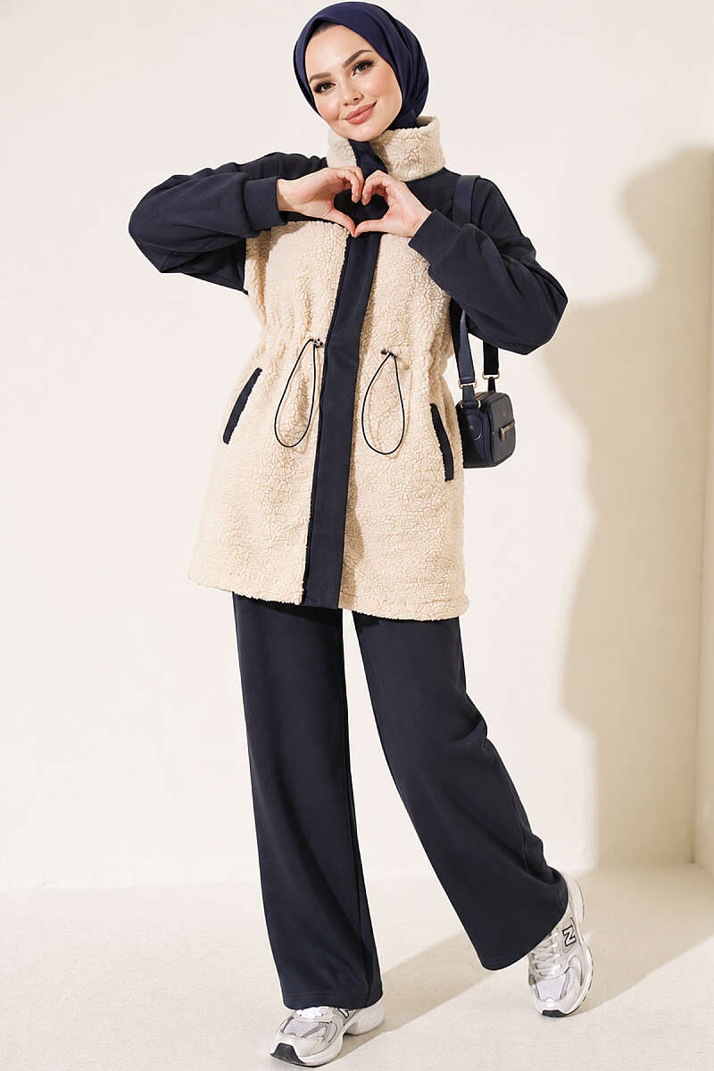 Two-Piece Set with Plush Trim and Drawstring Waist - Smoke Grey