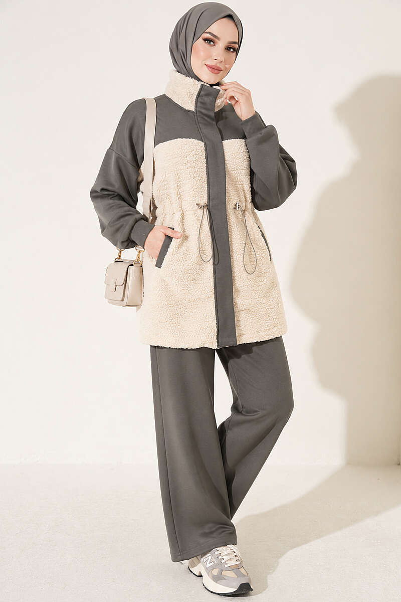 Two-Piece Set with Plush Trim and Drawstring Waist - Khaki