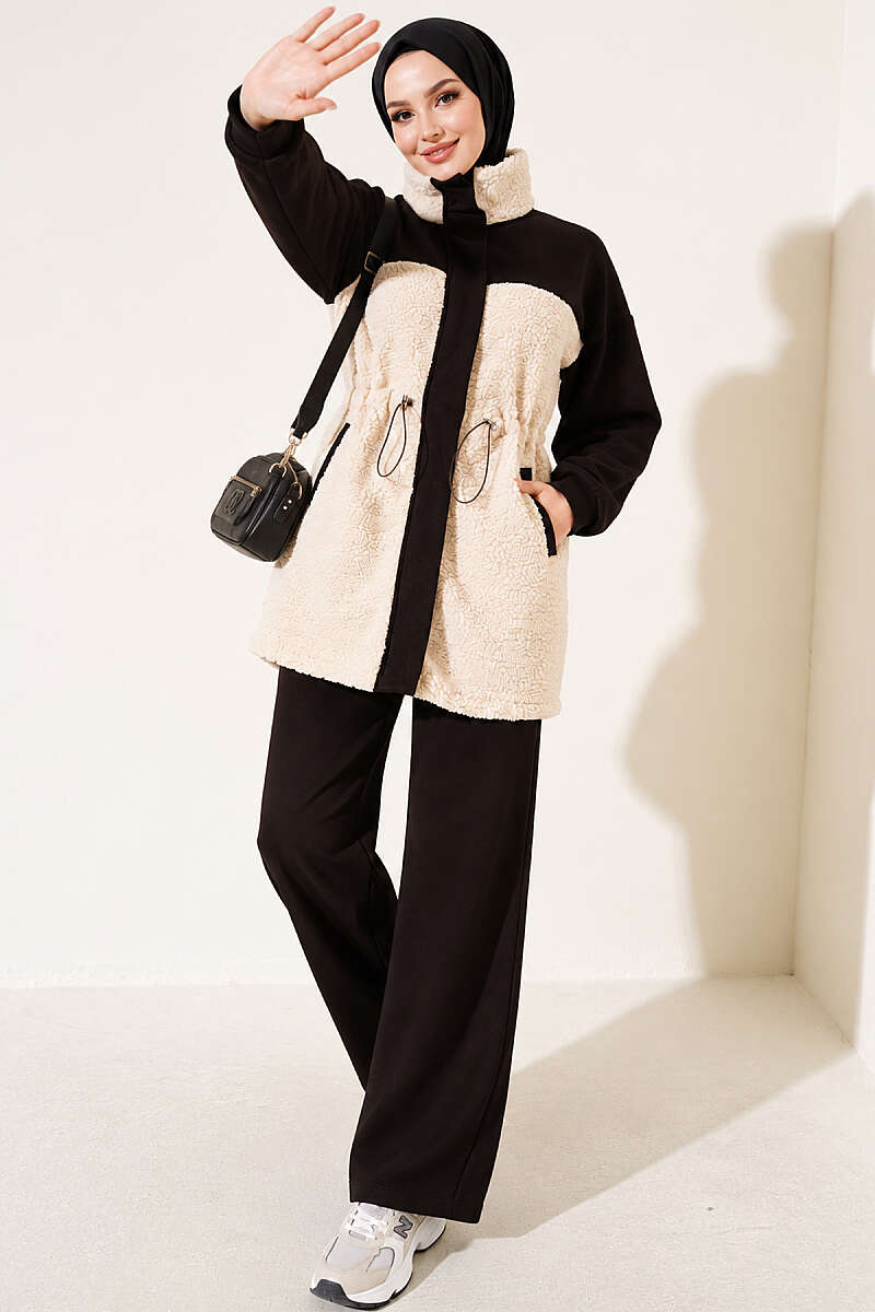 Two-Piece Set with Plush Trim and Drawstring Waist - Brown