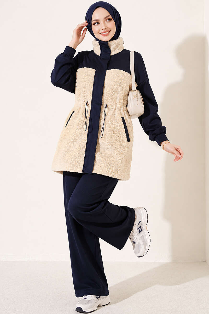 Two-Piece Set with Plush Trim and Drawstring Waist - Navy
