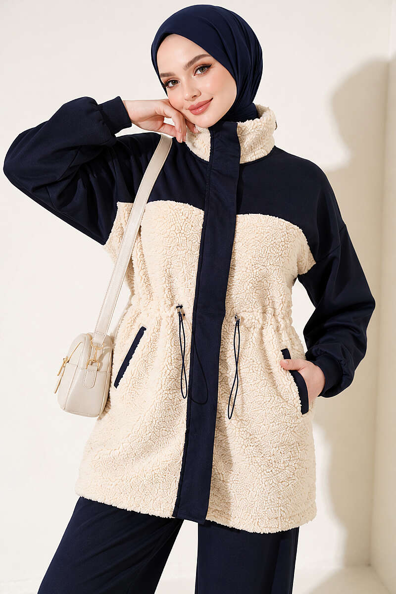 Two-Piece Set with Plush Trim and Drawstring Waist - Navy