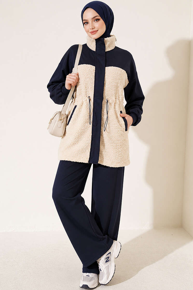 Two-Piece Set with Plush Trim and Drawstring Waist - Navy