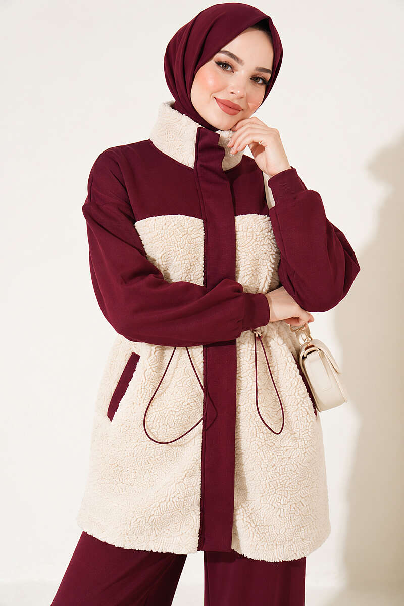 Two-Piece Set with Plush Trim and Drawstring Waist - Plum