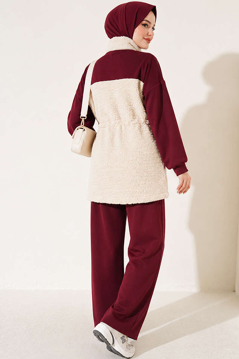 Two-Piece Set with Plush Trim and Drawstring Waist - Plum