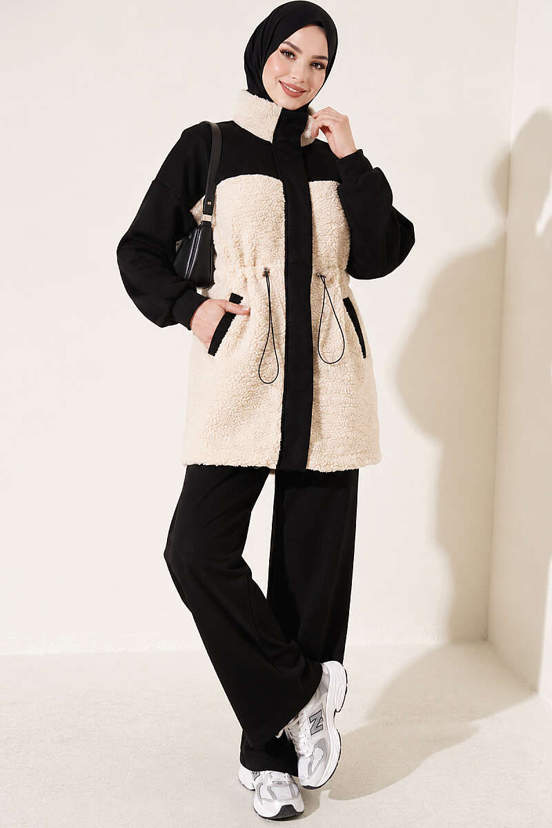 Two-Piece Set with Plush Trim and Drawstring Waist - Black
