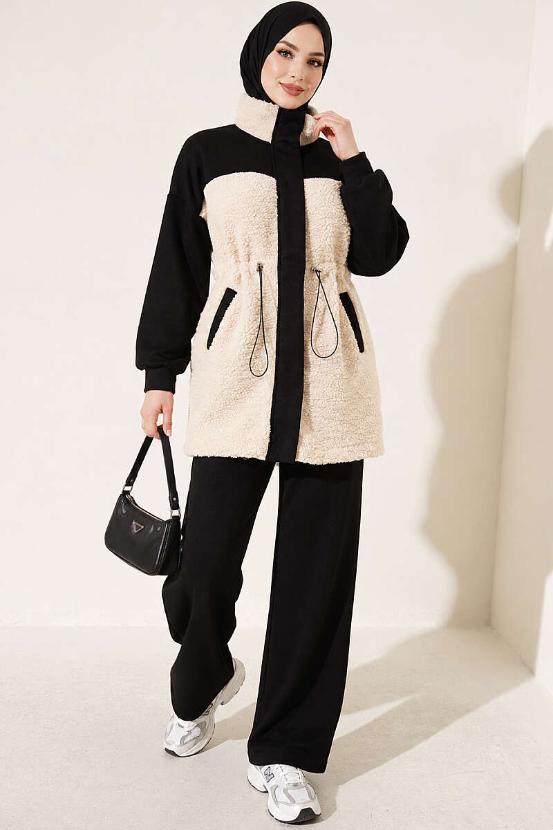 Two-Piece Set with Plush Trim and Drawstring Waist - Black