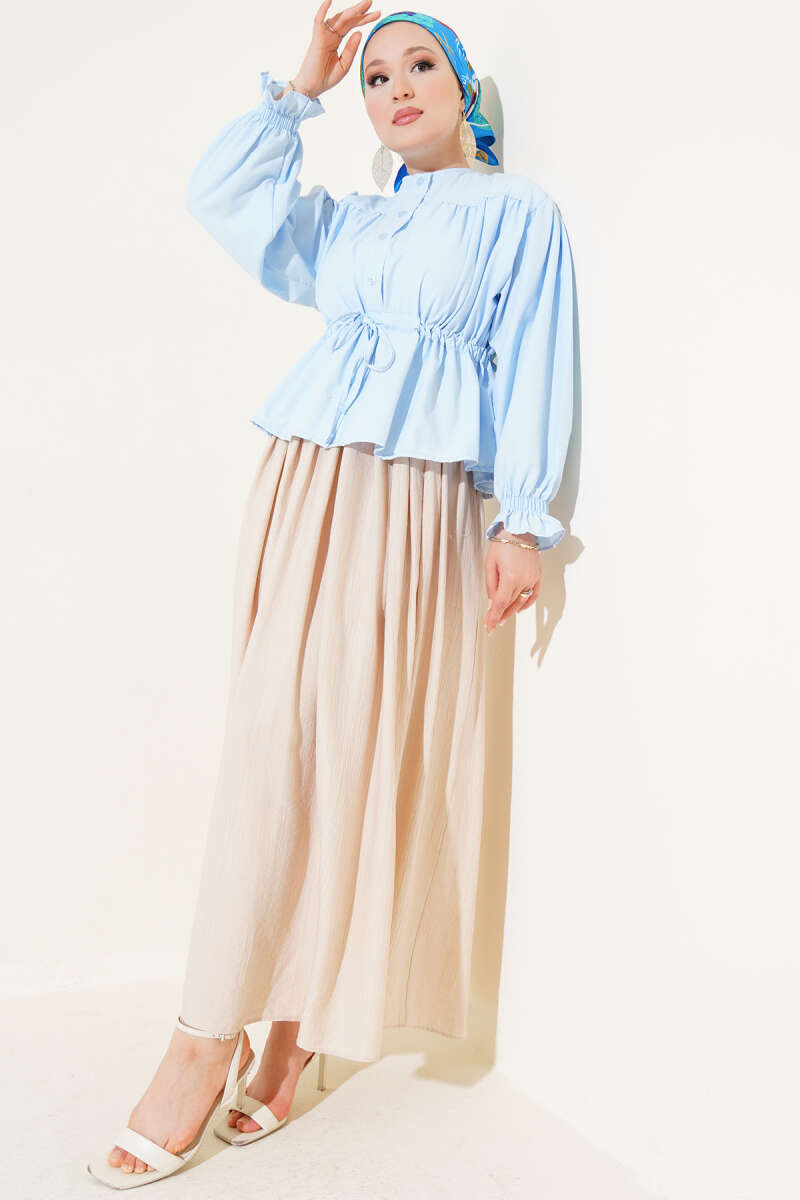 Short Pleated Shirt with Drawstring Waist - Light Blue