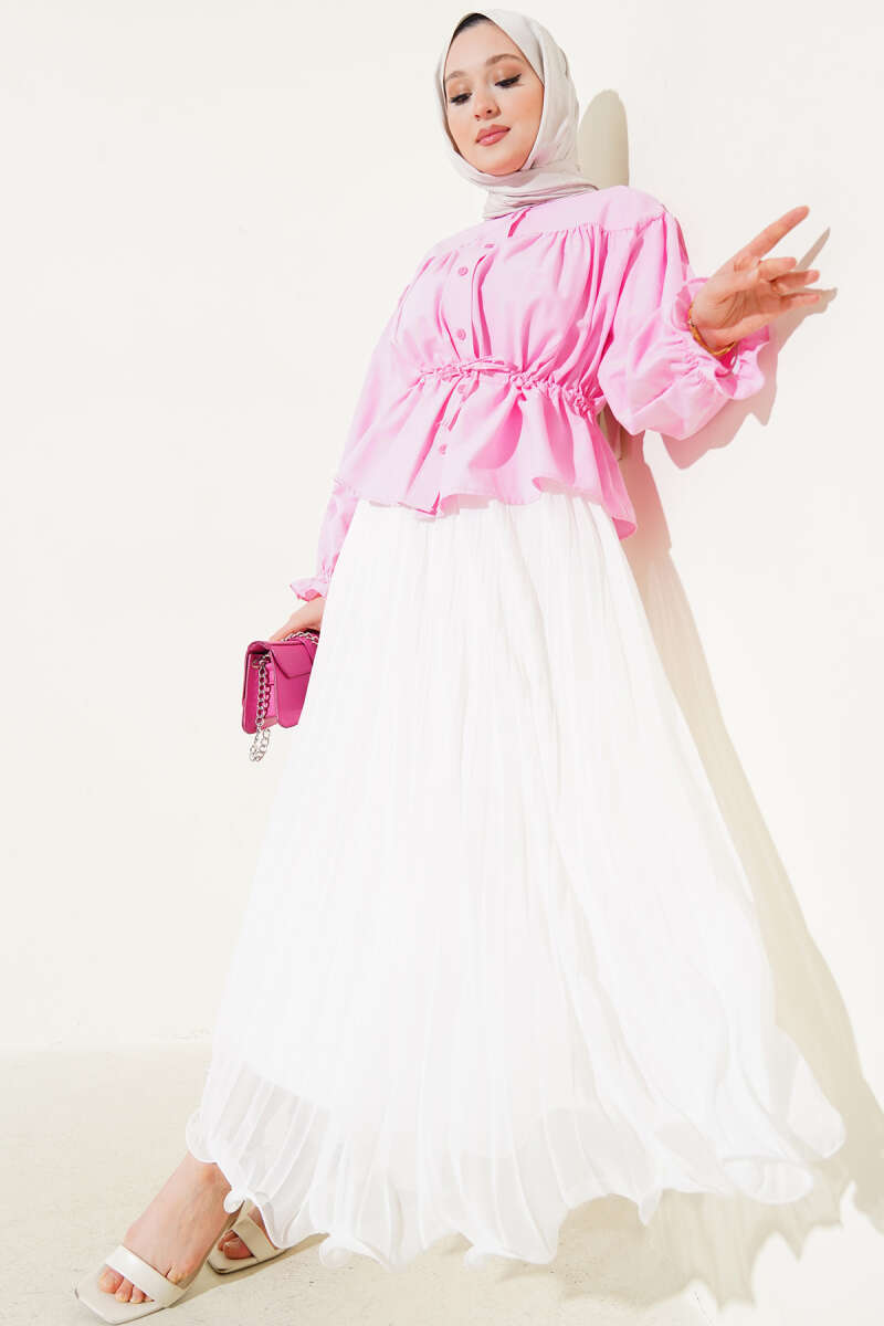 Short Pleated Shirt with Drawstring Waist - Pink
