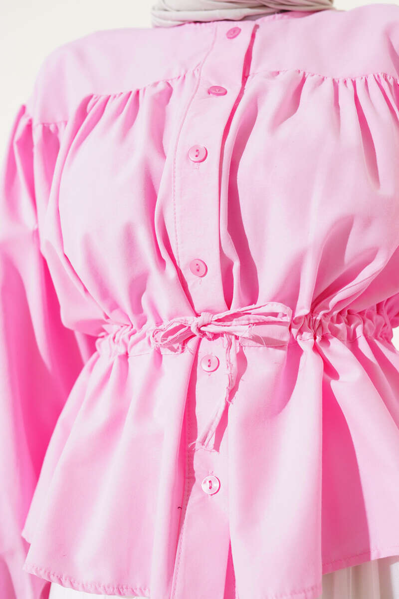 Short Pleated Shirt with Drawstring Waist - Pink