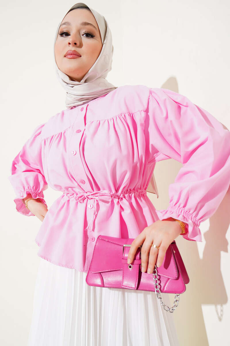 Short Pleated Shirt with Drawstring Waist - Pink