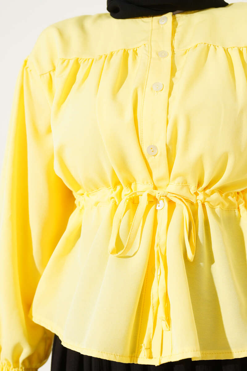 Short Pleated Shirt with Drawstring Waist - Yellow