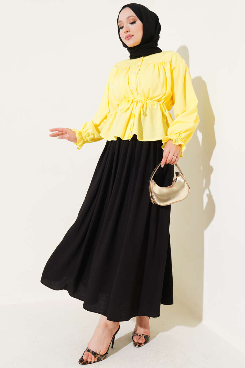 Short Pleated Shirt with Drawstring Waist - Yellow