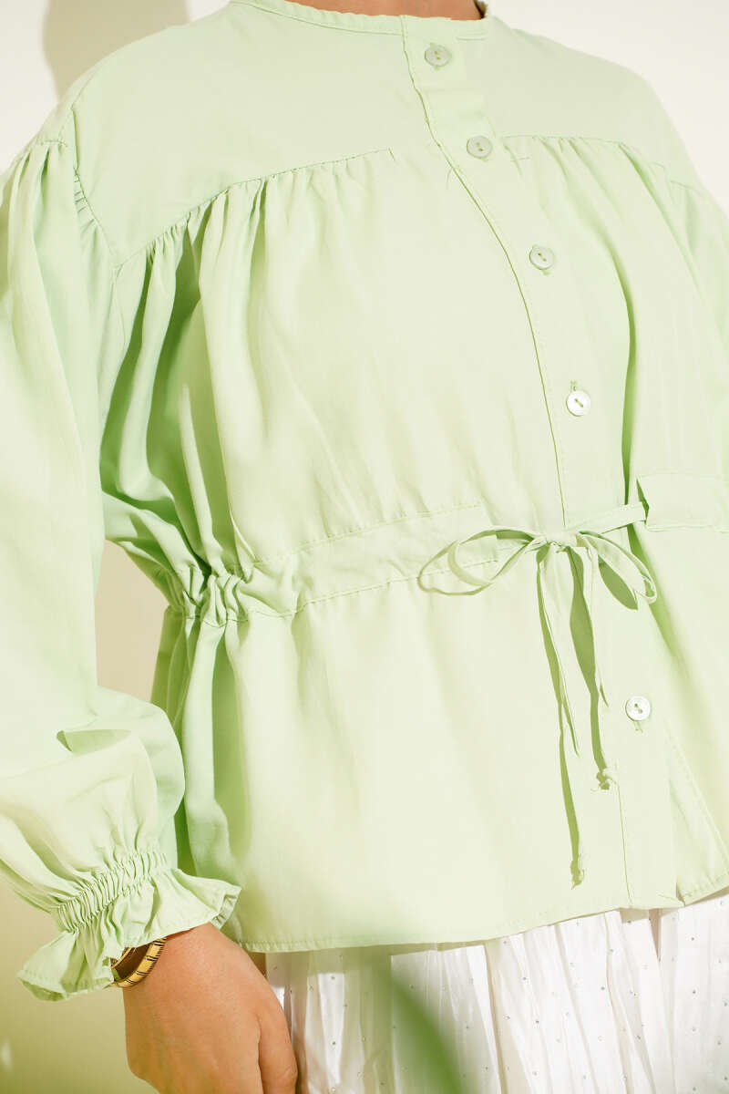 Short Pleated Shirt with Drawstring Waist - Aqua Green