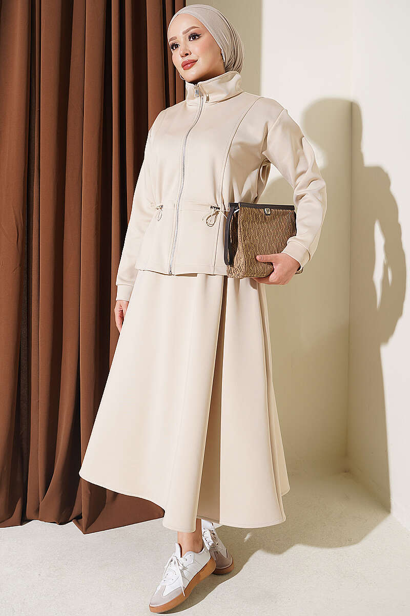 Scuba Skirt Two-Piece Set with Drawstring Waist - Beige
