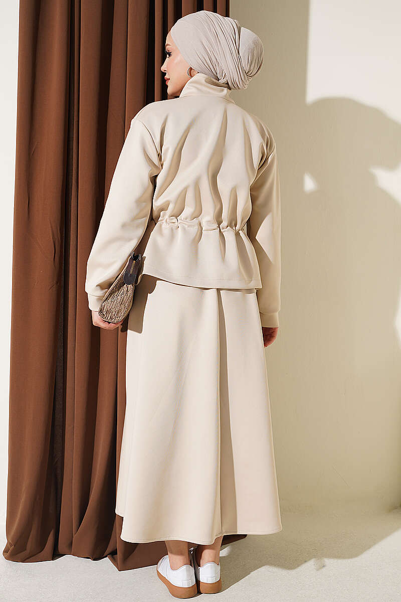 Scuba Skirt Two-Piece Set with Drawstring Waist - Beige