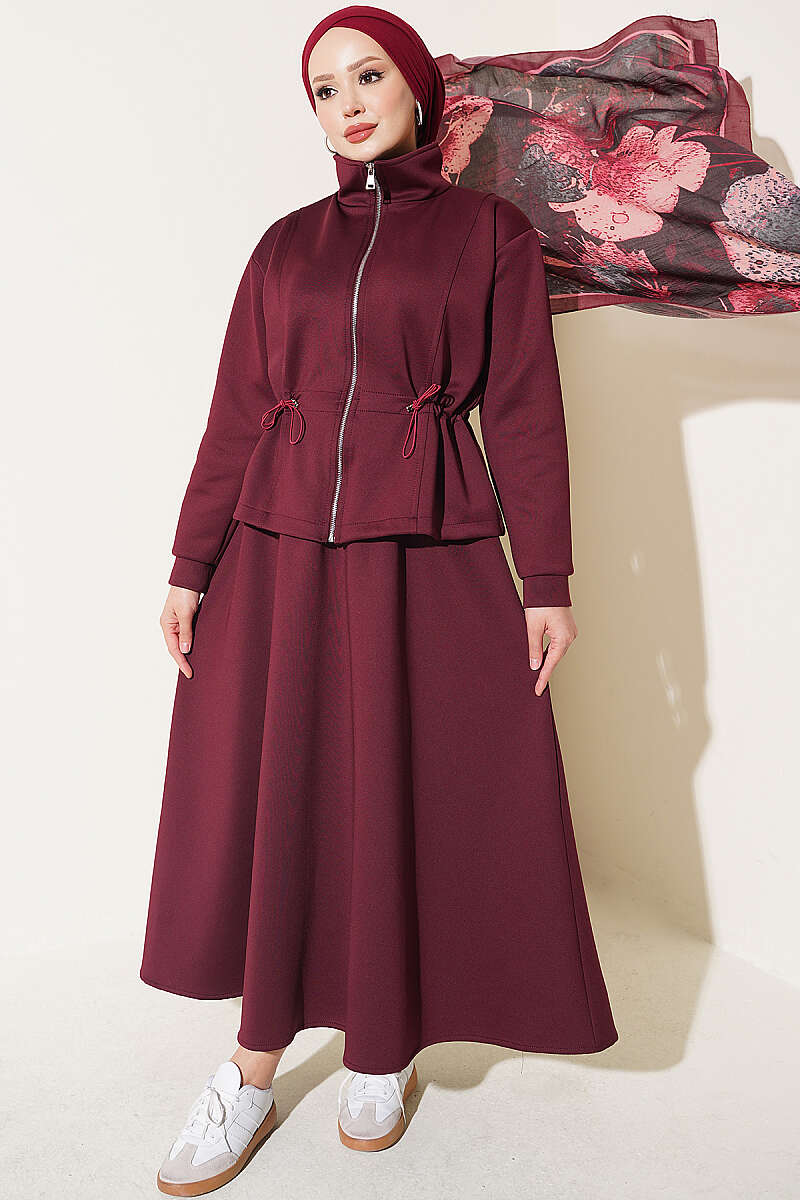 Scuba Skirt Two-Piece Set with Drawstring Waist - Burgundy