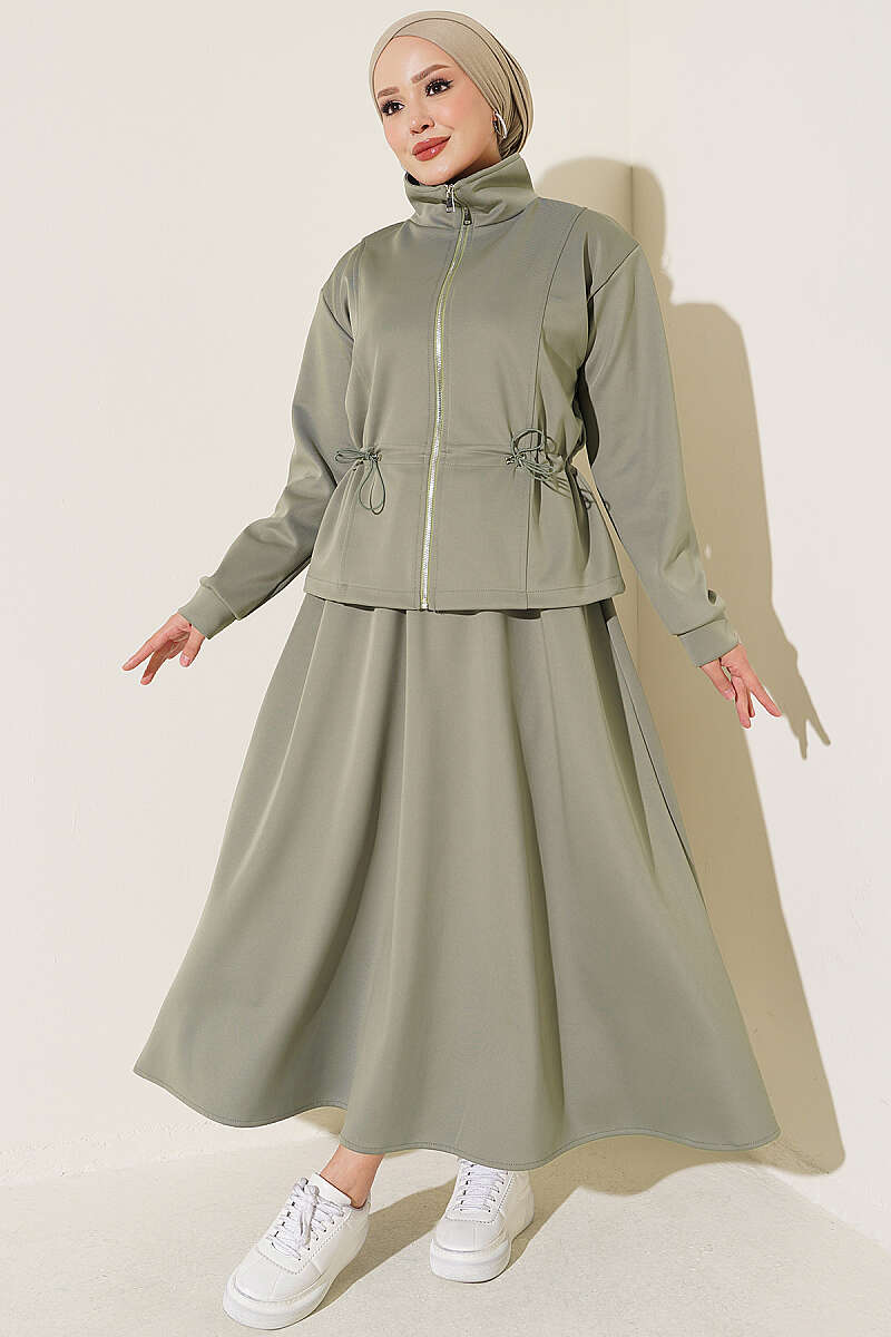 Scuba Skirt Two-Piece Set with Drawstring Waist - Khaki