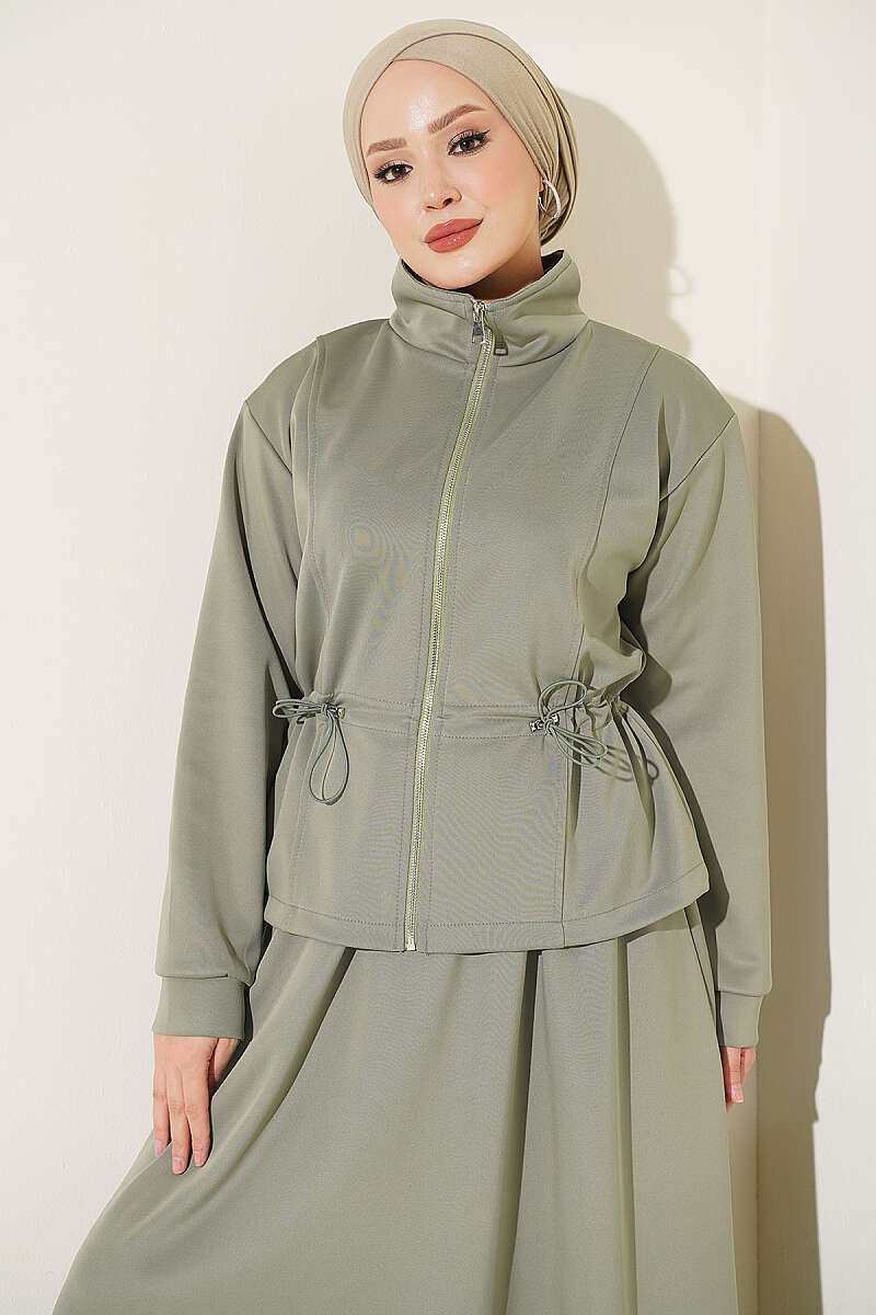 Scuba Skirt Two-Piece Set with Drawstring Waist - Khaki