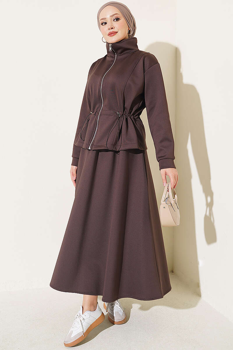 Scuba Skirt Two-Piece Set with Drawstring Waist - Brown