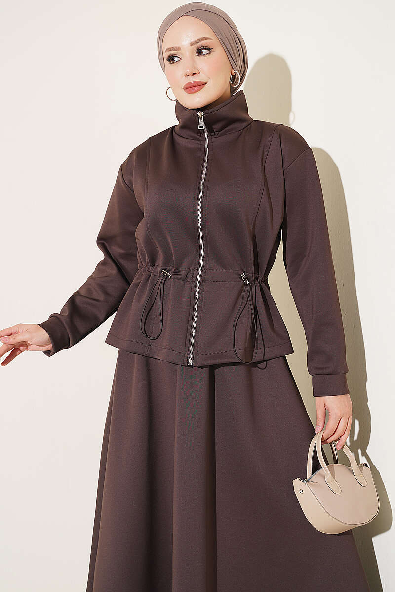 Scuba Skirt Two-Piece Set with Drawstring Waist - Brown