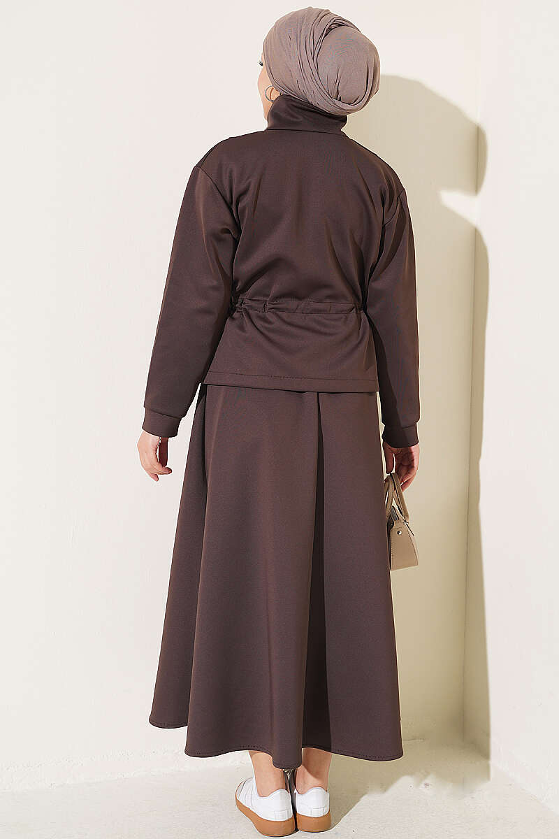 Scuba Skirt Two-Piece Set with Drawstring Waist - Brown