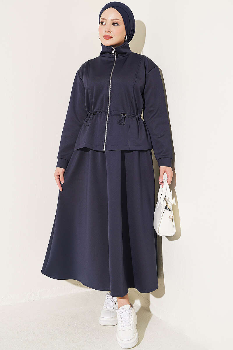 Scuba Skirt Two-Piece Set with Drawstring Waist - Navy