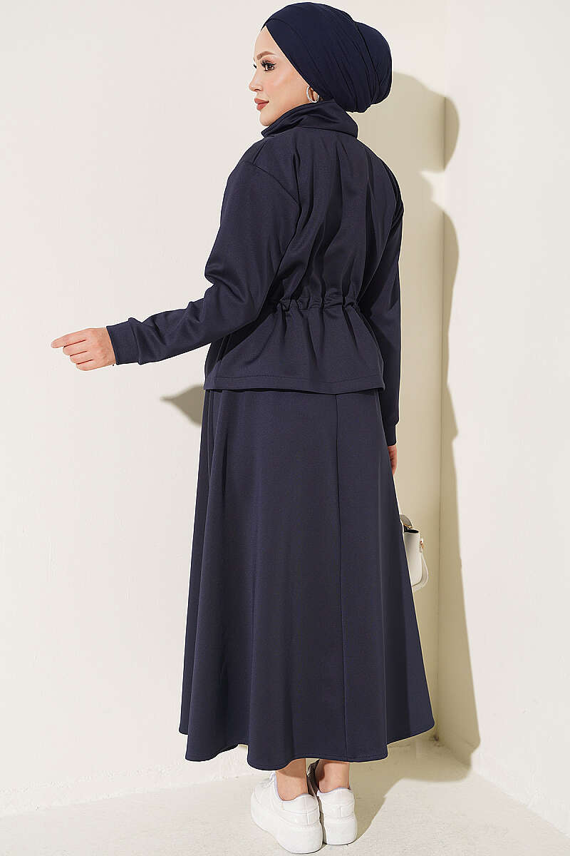 Scuba Skirt Two-Piece Set with Drawstring Waist - Navy
