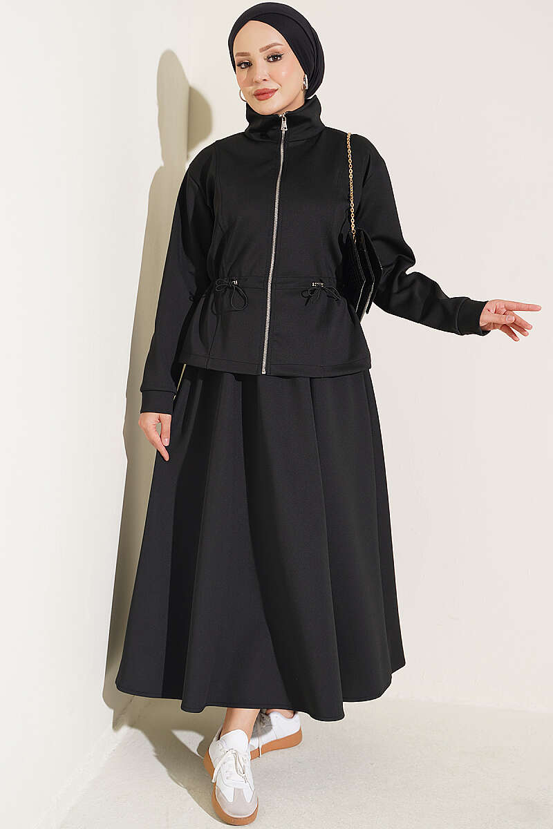 Scuba Skirt Two-Piece Set with Drawstring Waist - Black
