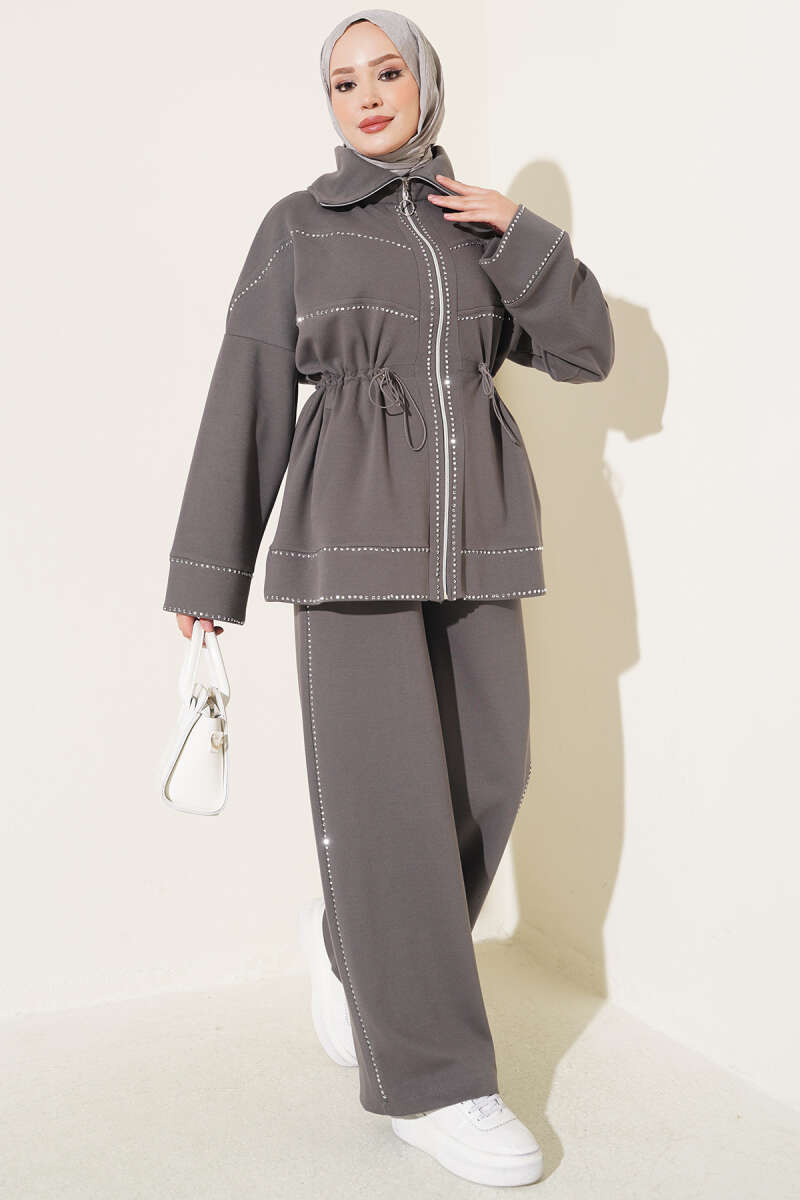 Two-Piece Set with Stone Detail and Drawstring Waist - Smoke Grey