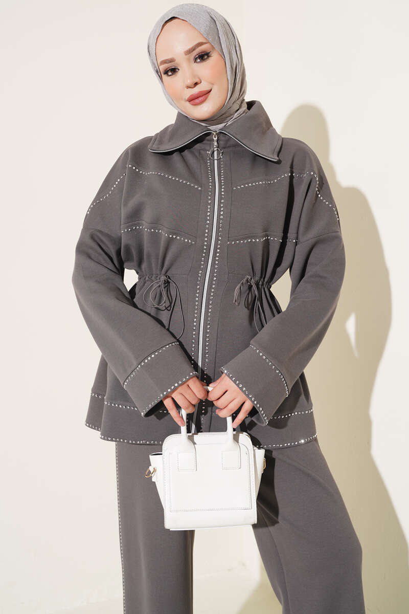 Two-Piece Set with Stone Detail and Drawstring Waist - Smoke Grey