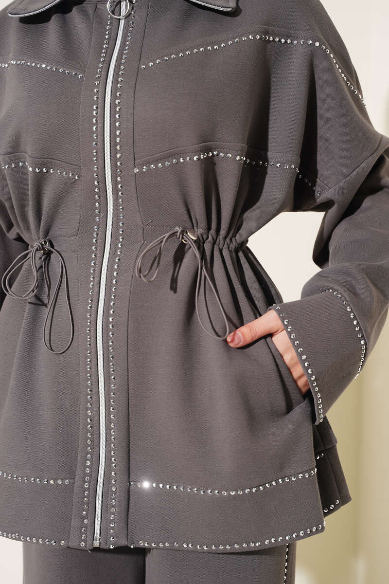 Two-Piece Set with Stone Detail and Drawstring Waist - Smoke Grey