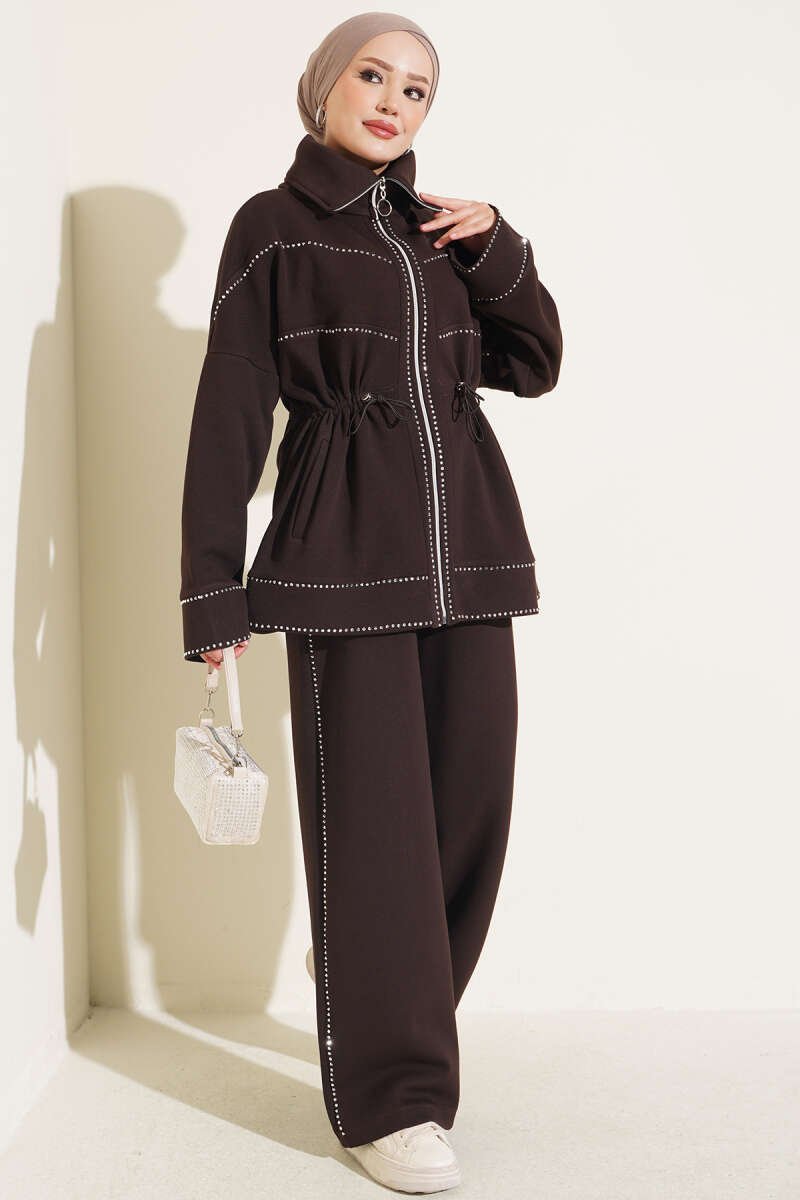 Two-Piece Set with Stone Detail and Drawstring Waist - Brown