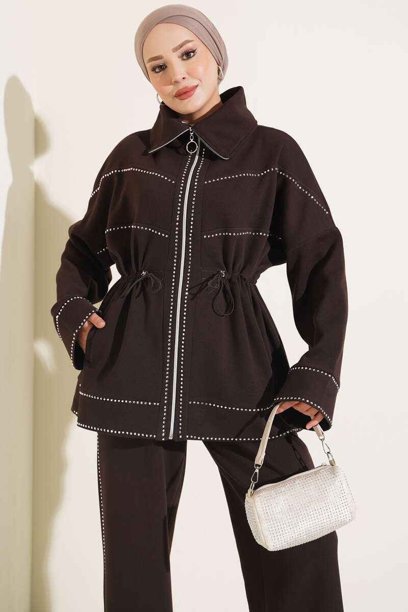 Two-Piece Set with Stone Detail and Drawstring Waist - Brown