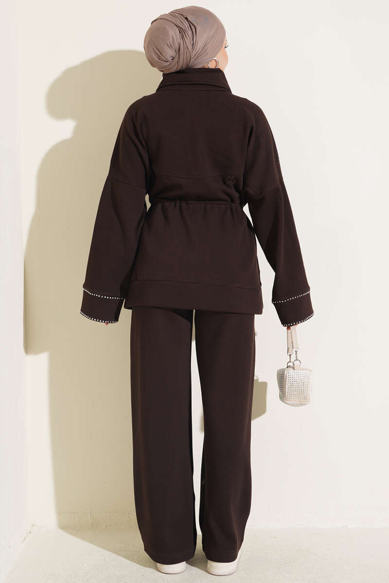 Two-Piece Set with Stone Detail and Drawstring Waist - Brown