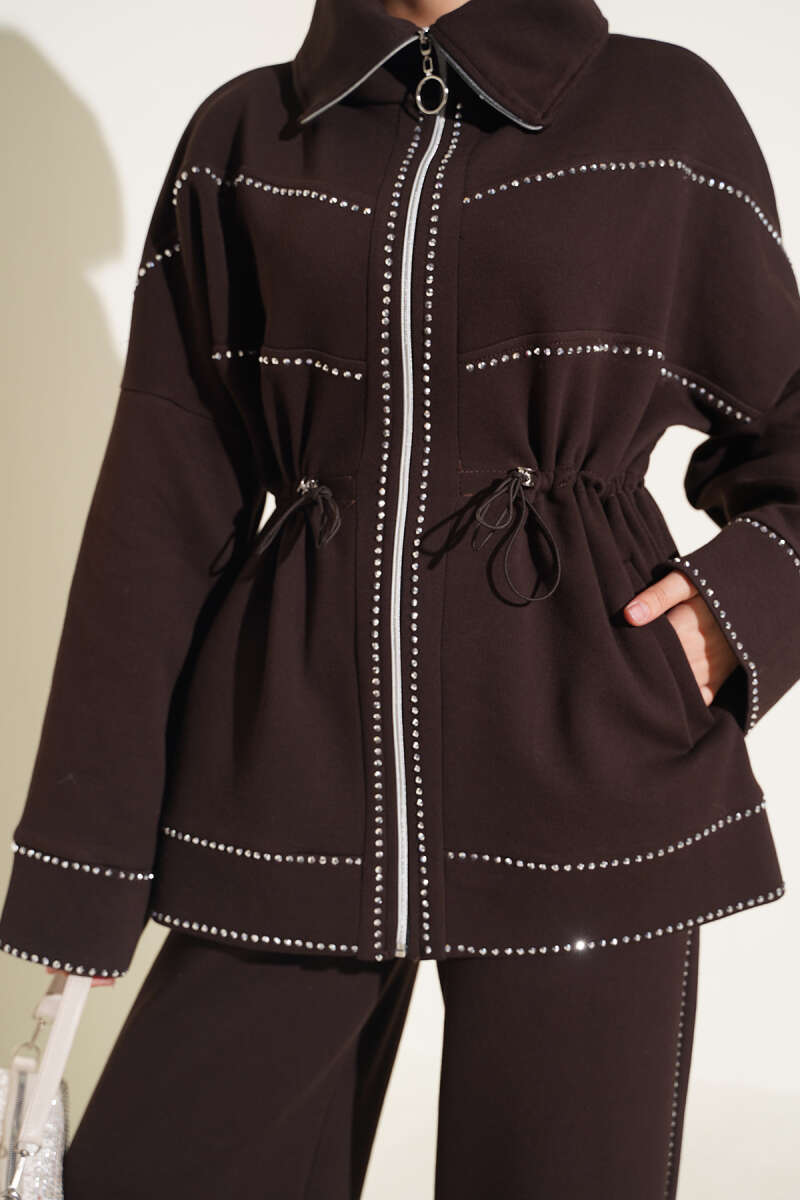 Two-Piece Set with Stone Detail and Drawstring Waist - Brown